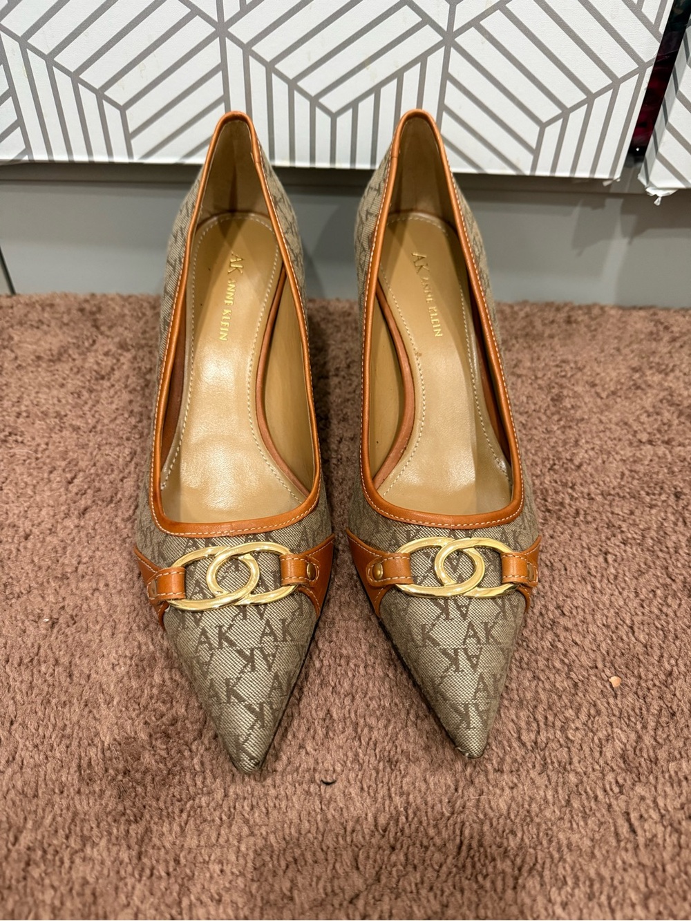 Anne Klein Tan Logo Pointed Toe Pumps with Gold Interlock